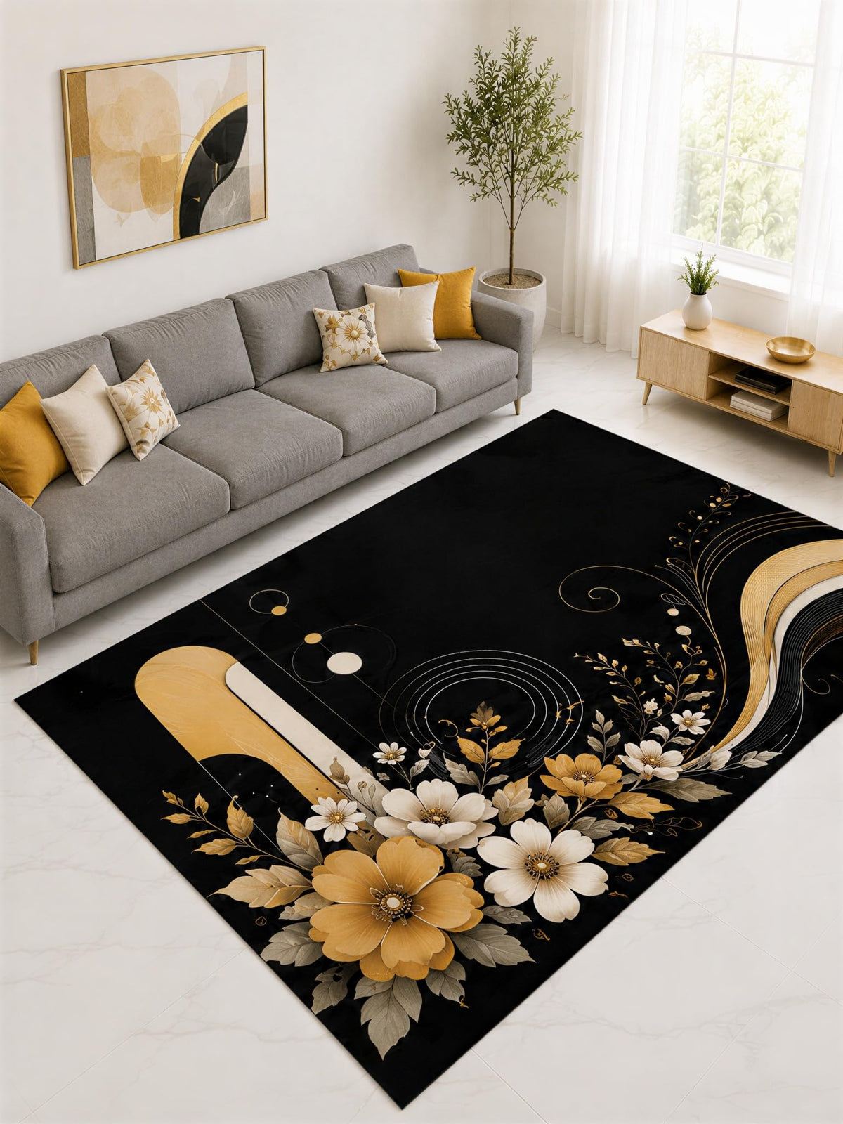 ICE ARMOR "Ultra Lightweight Large 6'7" x 9'10" Mustard and Black Elegant Blossom Wave Area Rug for Living Room, Bedroom and Home Office, Soft Low Pile Carpet with Non-Slip Silicone Backing