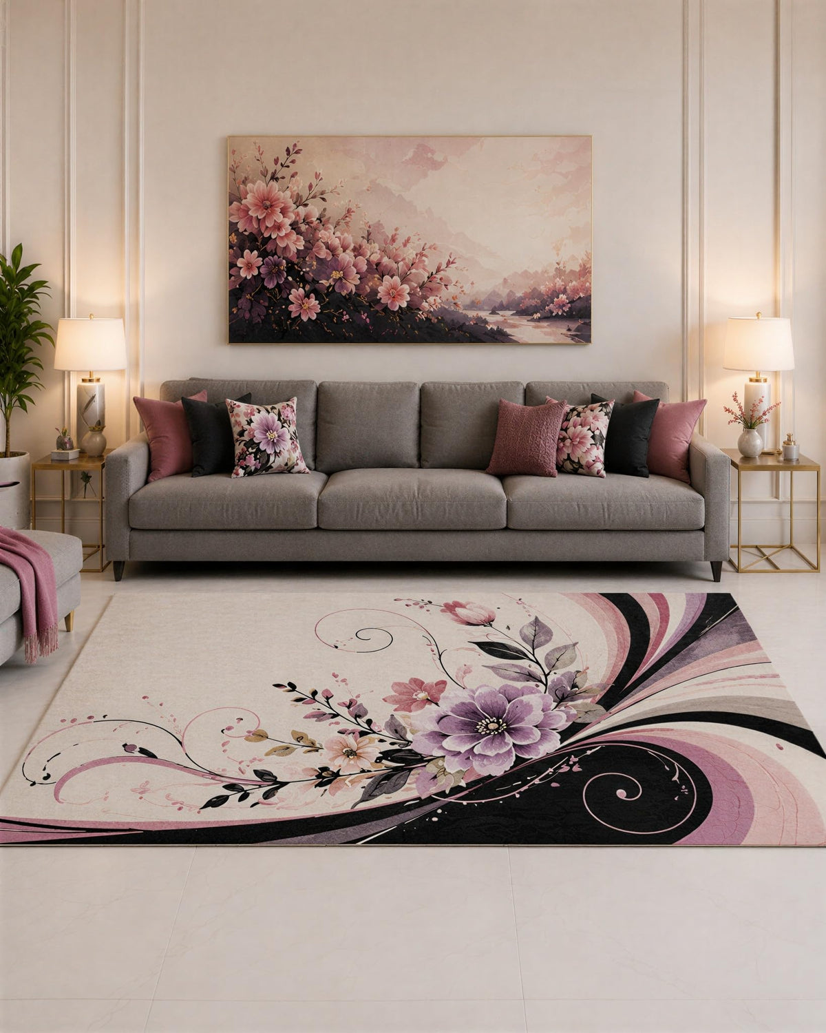 ICE ARMOR "Ultra Lightweight Large 6'7" x 9'10" Mauve and Black Blossom Swirl Area Rug for Living Room, Bedroom and Home Office, Soft Low Pile Carpet with Non-Slip Silicone Backing