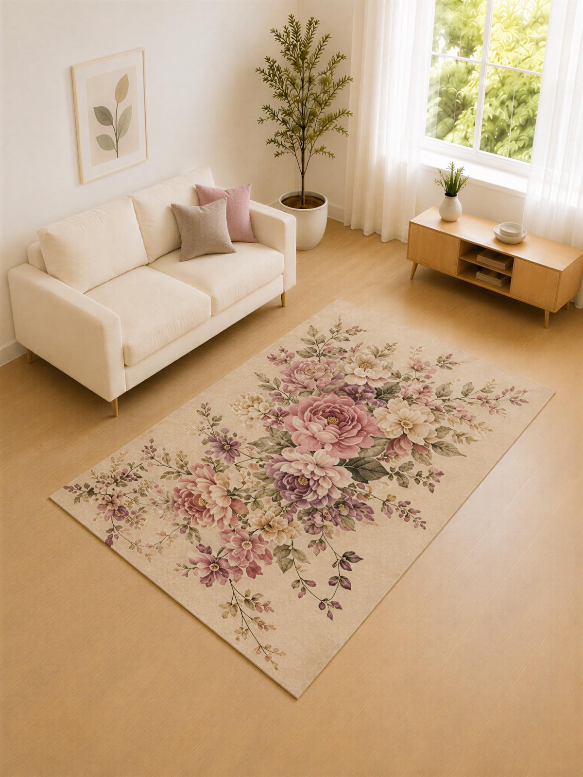 ICE ARMOR "Ultra Lightweight 5' x 7' Beige and Mauve Romantic Bouquet Area Rug for Living Room, Bedroom and Home Office, Soft Low Pile Carpet with Non-Slip Silicone Backing