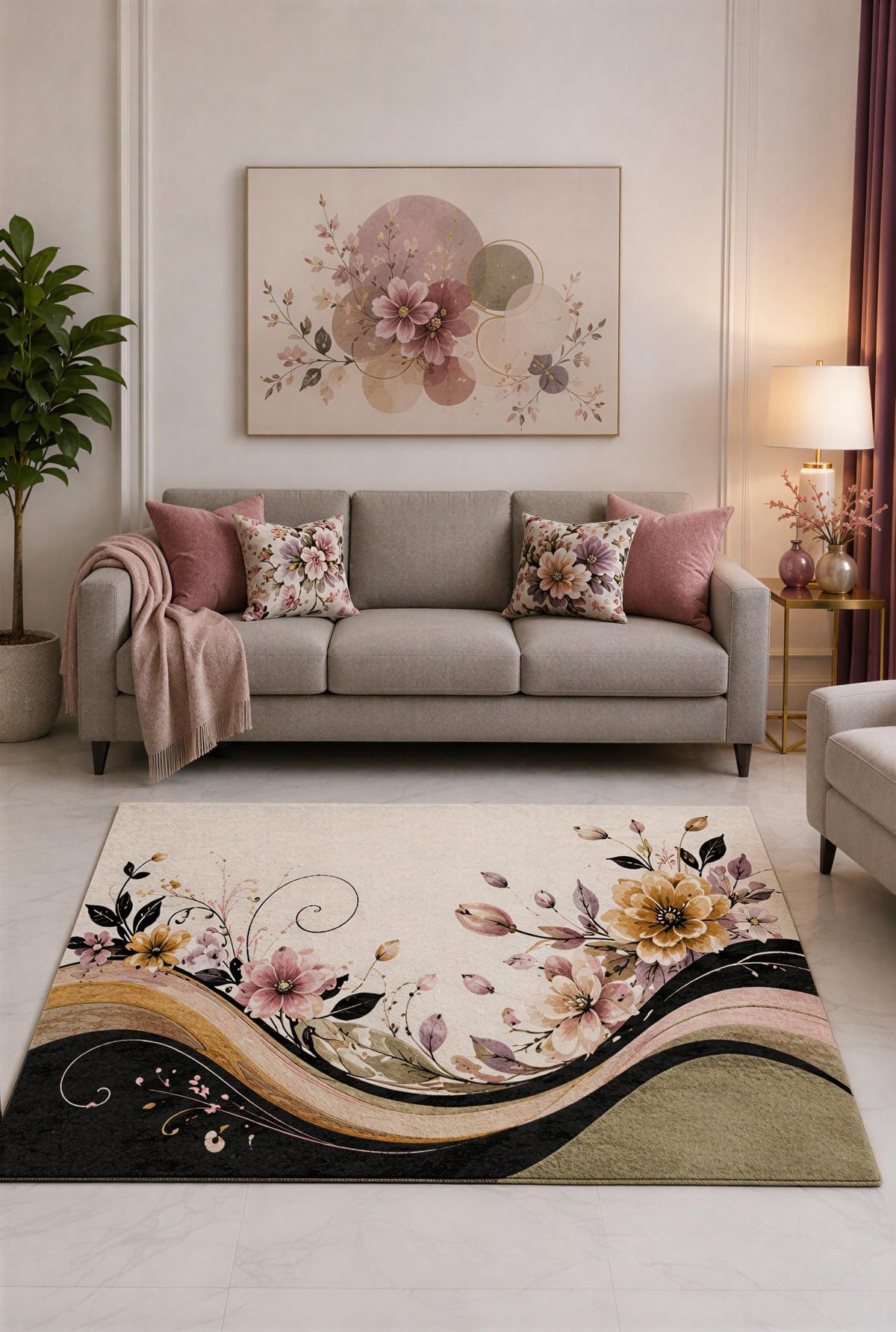 ICE ARMOR "Ultra Lightweight 5' x 7' Peach and Olive Floral Wave Garden Area Rug for Living Room, Bedroom and Home Office, Soft Low Pile Carpet with Non-Slip Silicone Backing