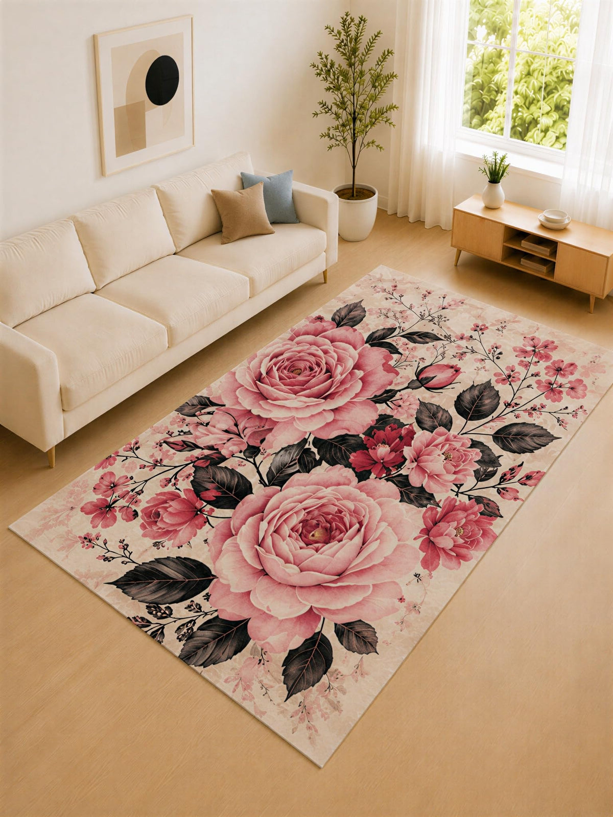 ICE ARMOR "Ultra Lightweight Large 6'7" x 9'10" Pink and Black Rose Garden Area Rug for Living Room, Bedroom and Home Office, Soft Low Pile Carpet with Non-Slip Silicone Backing