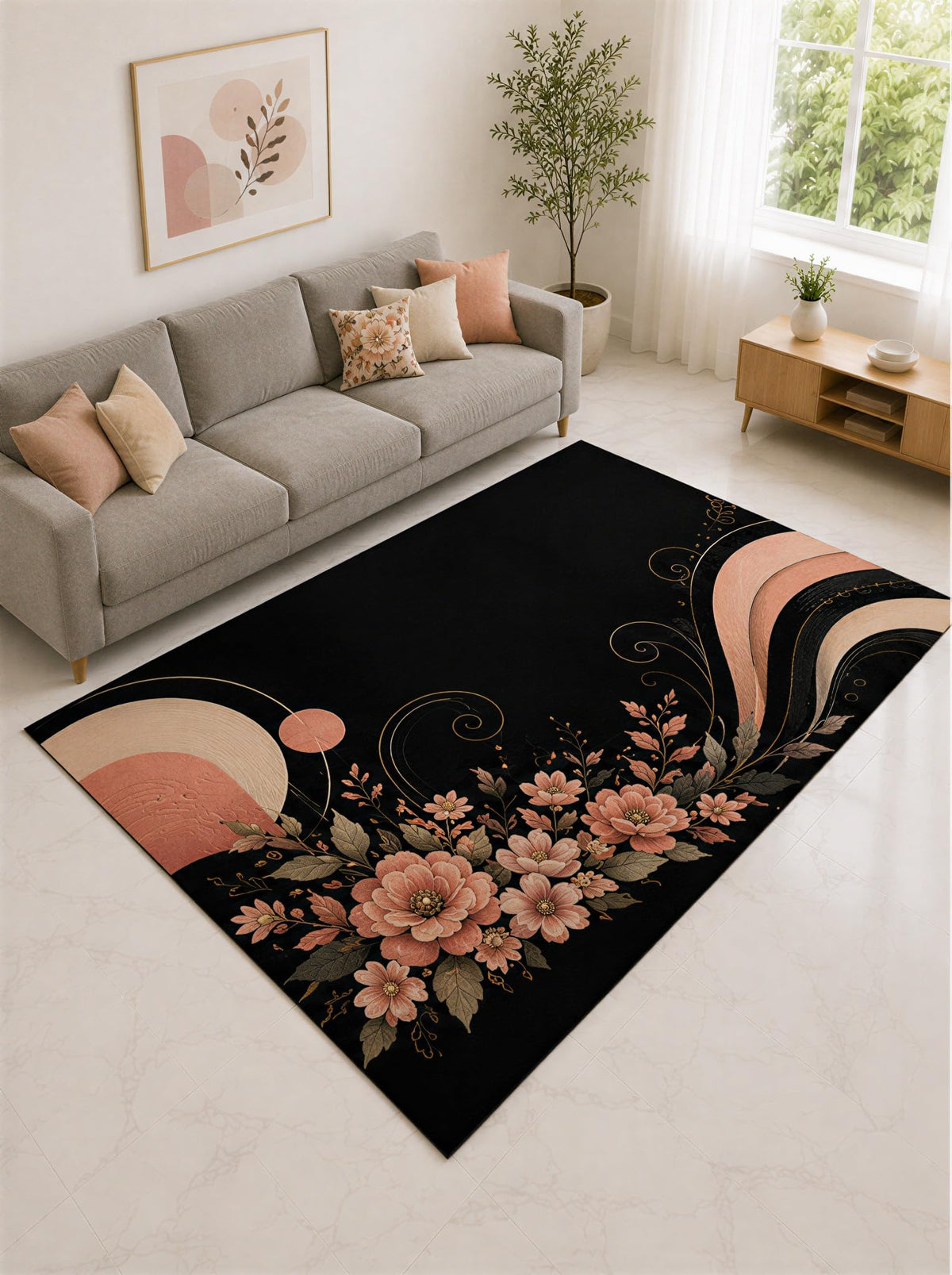 ICE ARMOR "Ultra Lightweight Large 6'7" x 9'10" Peach and Black Floral Arc Area Rug for Living Room, Bedroom and Home Office, Soft Low Pile Carpet with Non-Slip Silicone Backing