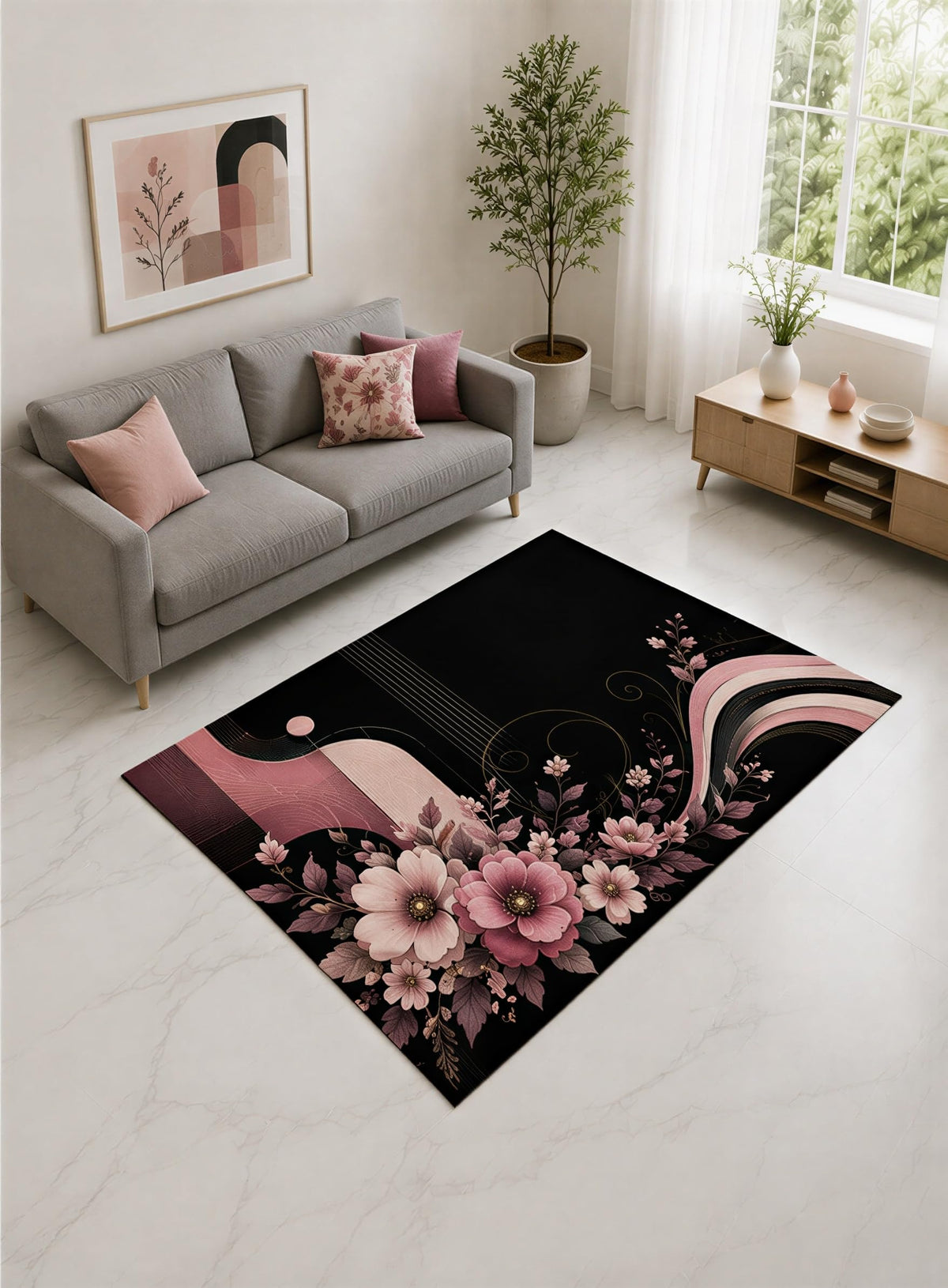ICE ARMOR "Ultra Lightweight 5' x 7' Pink and Black Romantic Blossom Wave Area Rug for Living Room, Bedroom and Home Office, Soft Low Pile Carpet with Non-Slip Silicone Backing