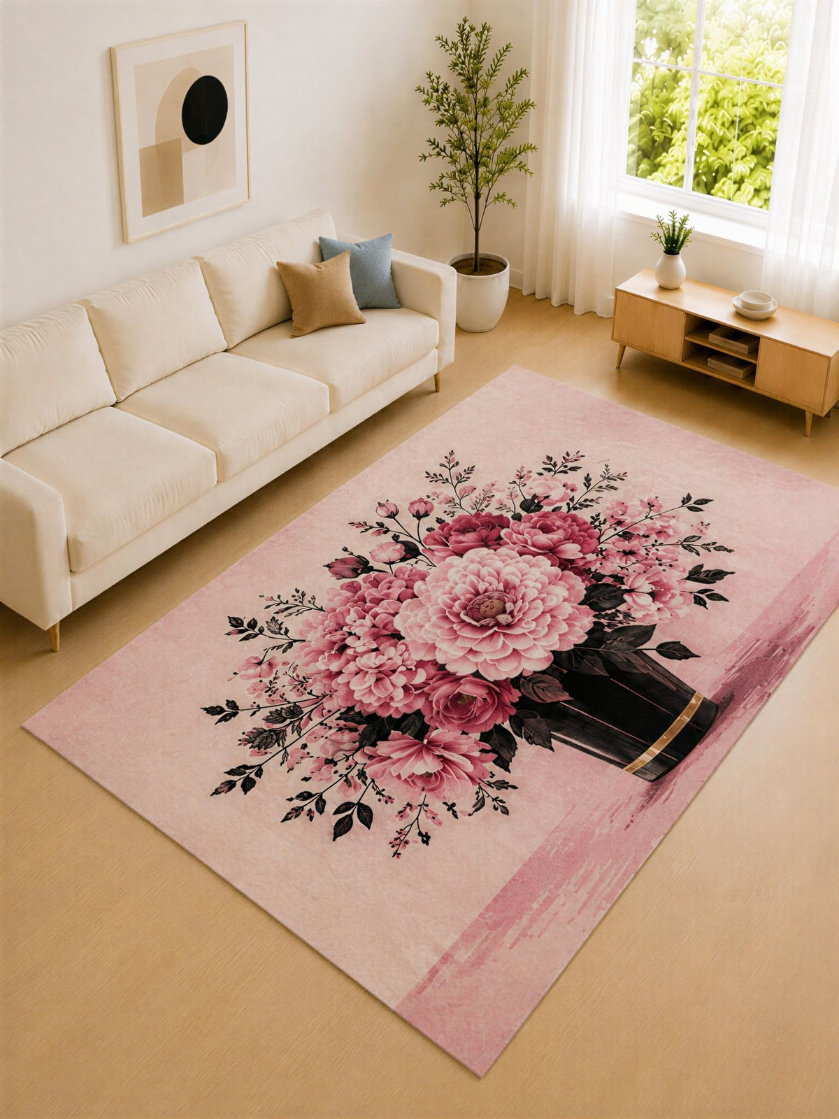 ICE ARMOR "Ultra Lightweight Large 6'7" x 9'10" Pink and Black Bouquet Vase Area Rug for Living Room, Bedroom and Home Office, Soft Low Pile Carpet with Non-Slip Silicone Backing