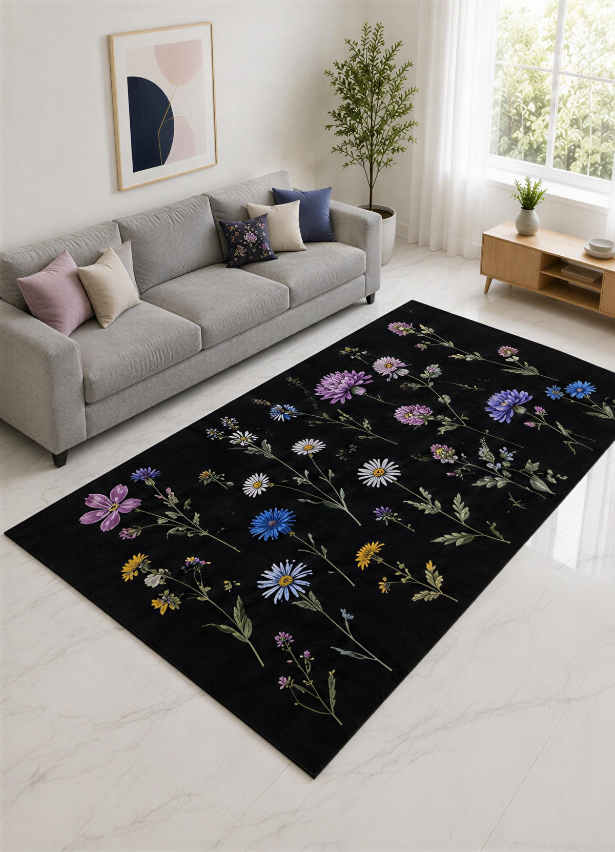 ICE ARMOR "Ultra Lightweight Large 6'7" x 9'10" Purple and Blue Scattered Wildflower Area Rug for Living Room, Bedroom and Home Office, Soft Low Pile Carpet with Non-Slip Silicone Backing