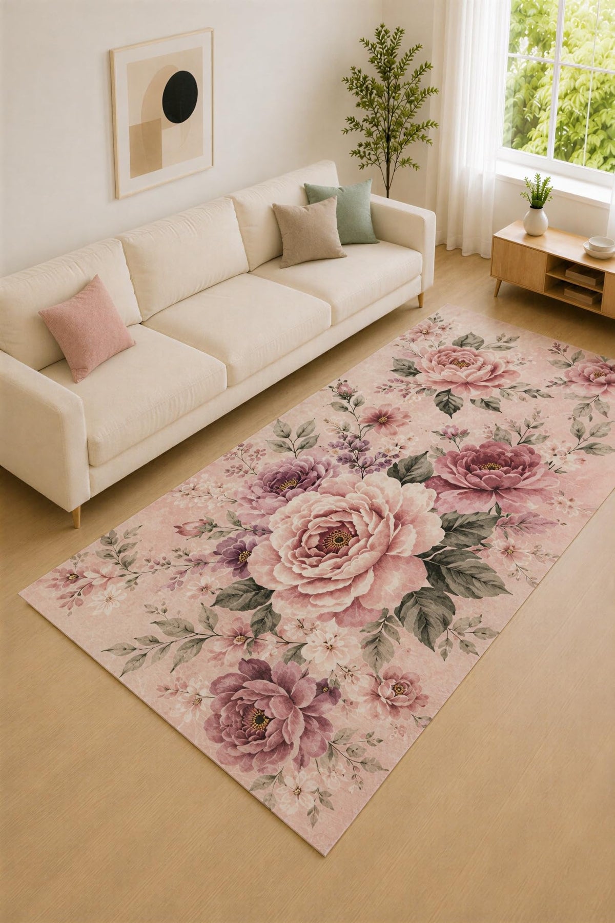 ICE ARMOR "Ultra Lightweight Large 6'7" x 9'10" Blush and Mauve Peony Garden Area Rug for Living Room, Bedroom and Home Office, Soft Low Pile Carpet with Non-Slip Silicone Backing