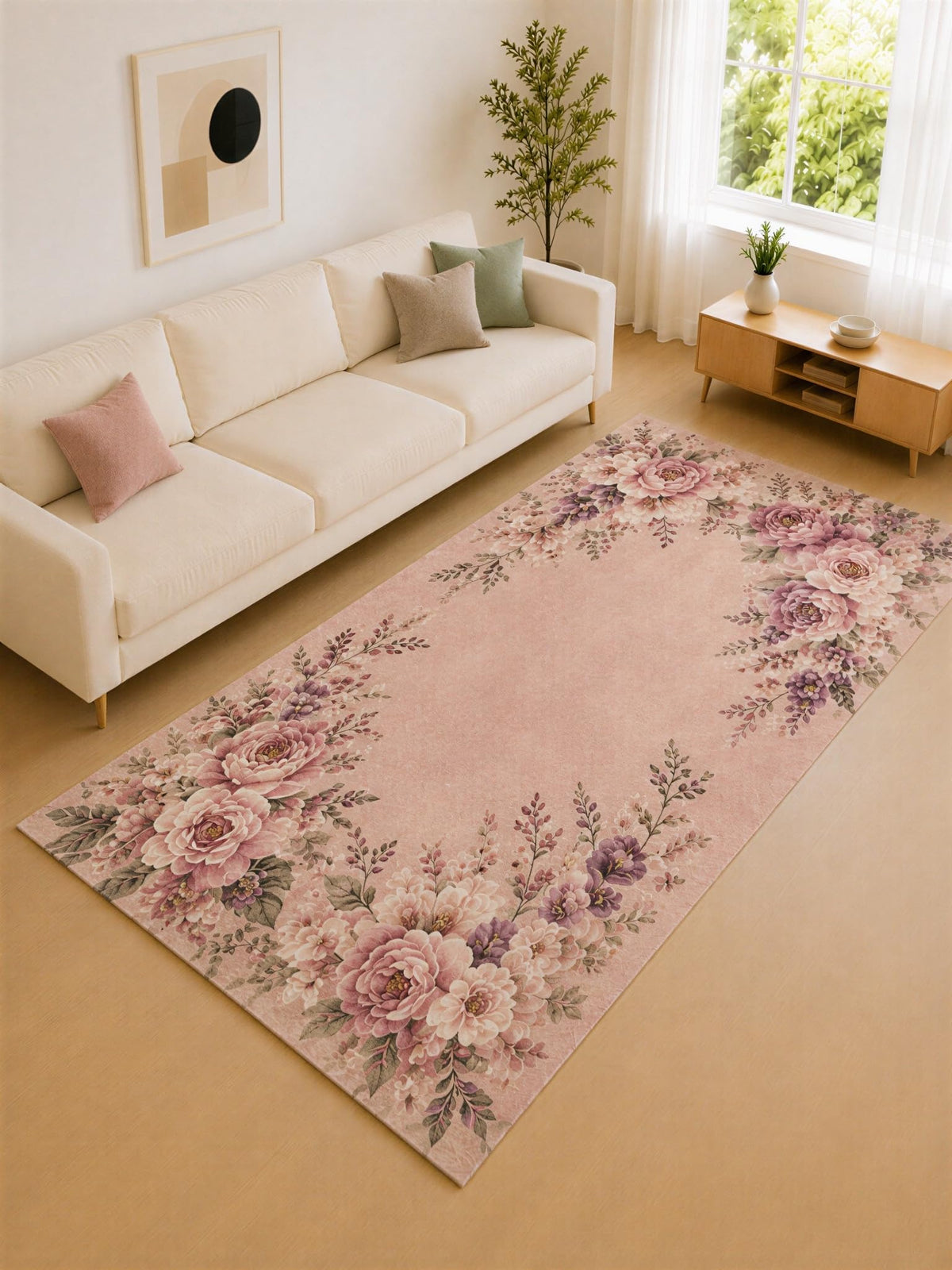 ICE ARMOR "Ultra Lightweight Large 6'7" x 9'10" Pink and Mauve Peony Border Area Rug for Living Room, Bedroom and Home Office, Soft Low Pile Carpet with Non-Slip Silicone Backing