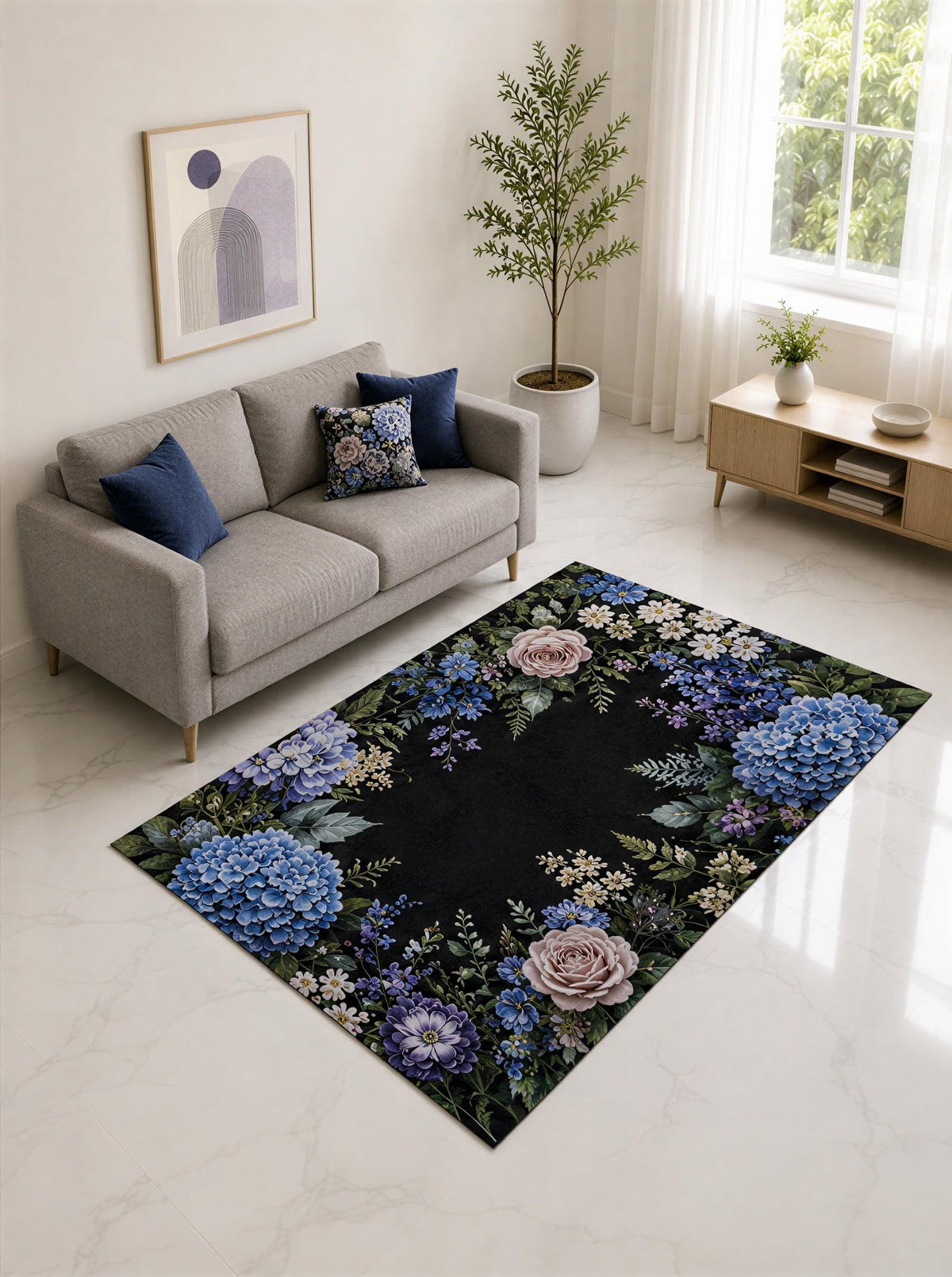 ICE ARMOR "Ultra Lightweight Large 6'7" x 9'10" Blue and Lavender Hydrangea Floral Border Area Rug for Living Room, Bedroom and Home Office, Soft Low Pile Carpet with Non-Slip Silicone Backing