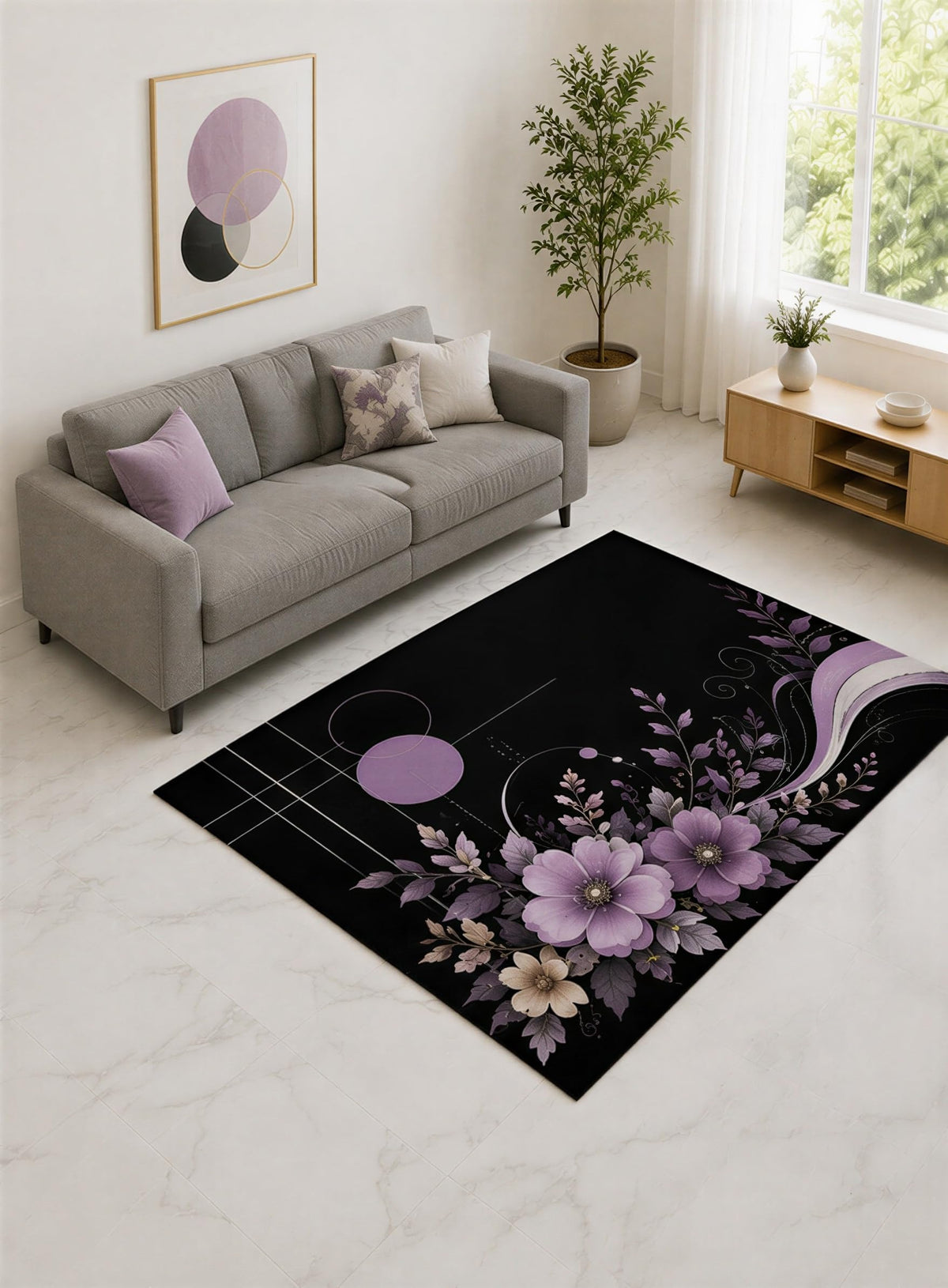 ICE ARMOR "Ultra Lightweight 5' x 7' Lavender and Black Botanical Curve Area Rug for Living Room, Bedroom and Home Office, Soft Low Pile Carpet with Non-Slip Silicone Backing