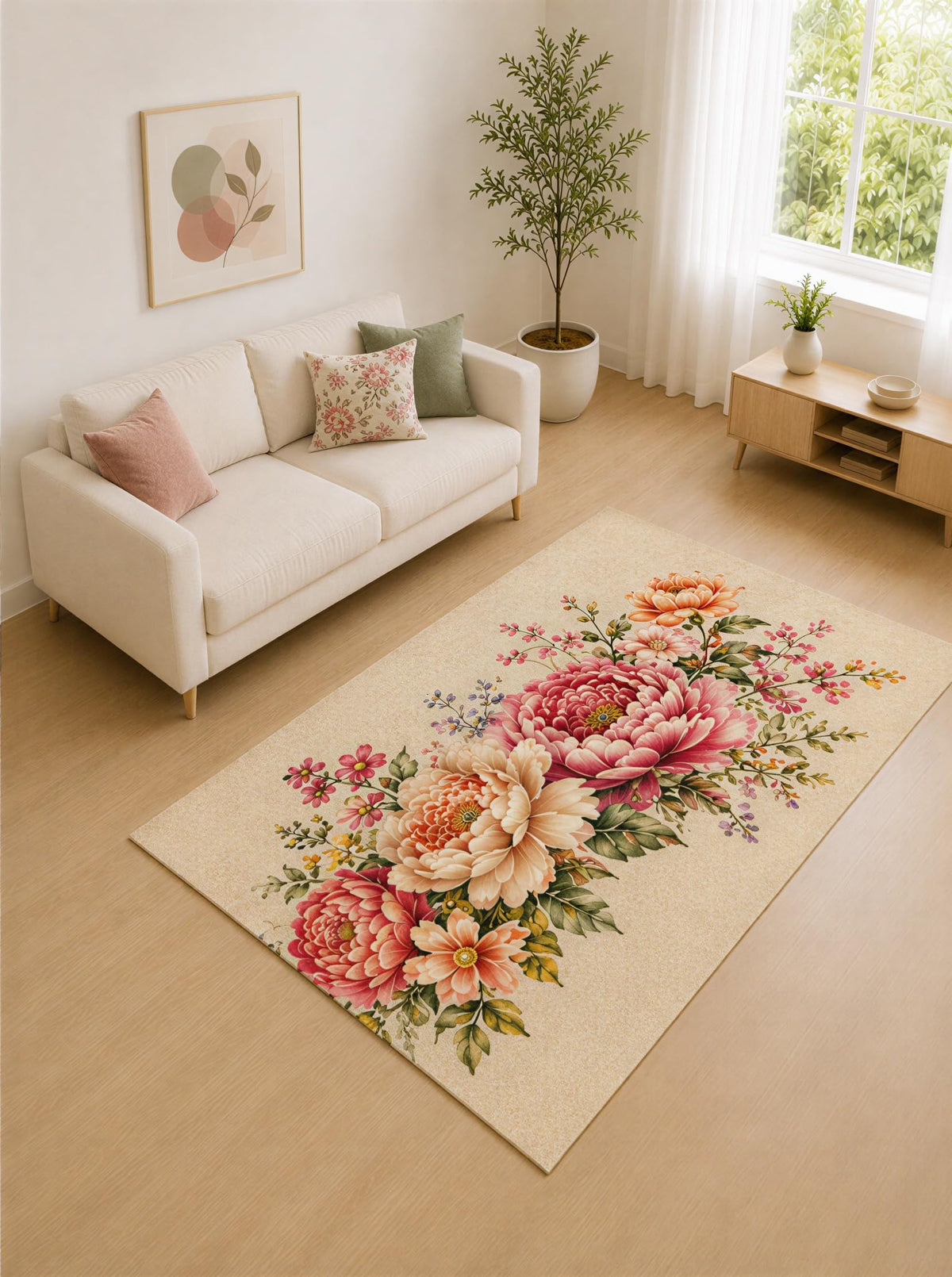 ICE ARMOR "Ultra Lightweight 5' x 7' Beige and Pink Peony Trail Area Rug for Living Room, Bedroom and Home Office, Soft Low Pile Carpet with Non-Slip Silicone Backing