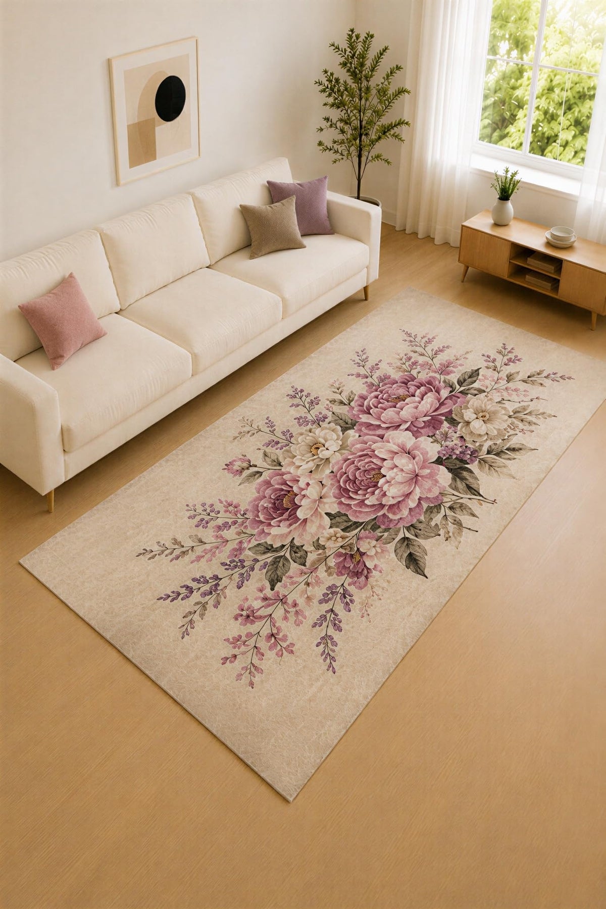 ICE ARMOR "Ultra Lightweight Large 6'7" x 9'10" Mauve and Cream Vintage Bouquet Area Rug for Living Room, Bedroom and Home Office, Soft Low Pile Carpet with Non-Slip Silicone Backing