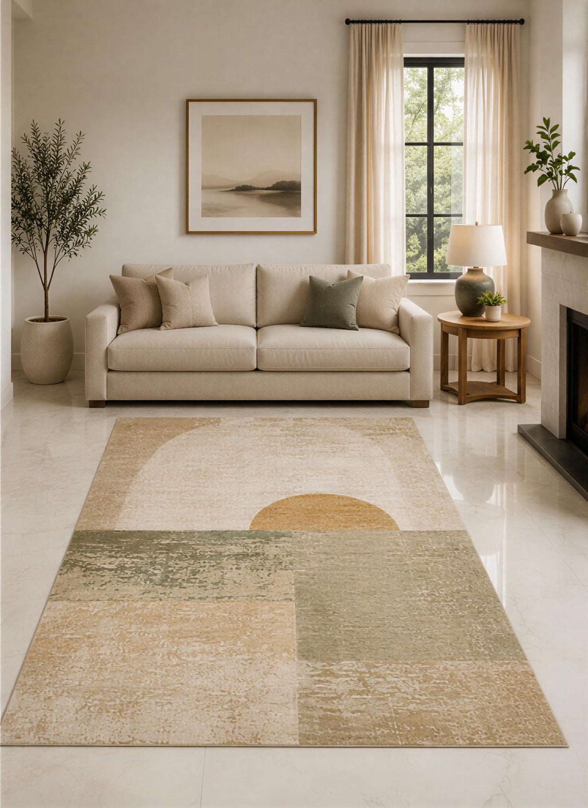 ICE ARMOR "Ultra Lightweight 5' x 7' Sand and Olive Sunset Mosaic Area Rug for Living Room, Bedroom and Home Office, Soft Low Pile Carpet with Non-Slip Silicone Backing