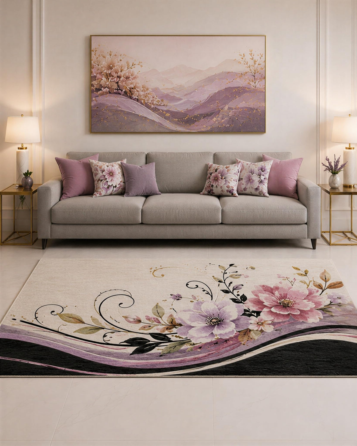 ICE ARMOR "Ultra Lightweight Large 6'7" x 9'10" Lavender and Blush Flower Crest Wave Area Rug for Living Room, Bedroom and Home Office, Soft Low Pile Carpet with Non-Slip Silicone Backing