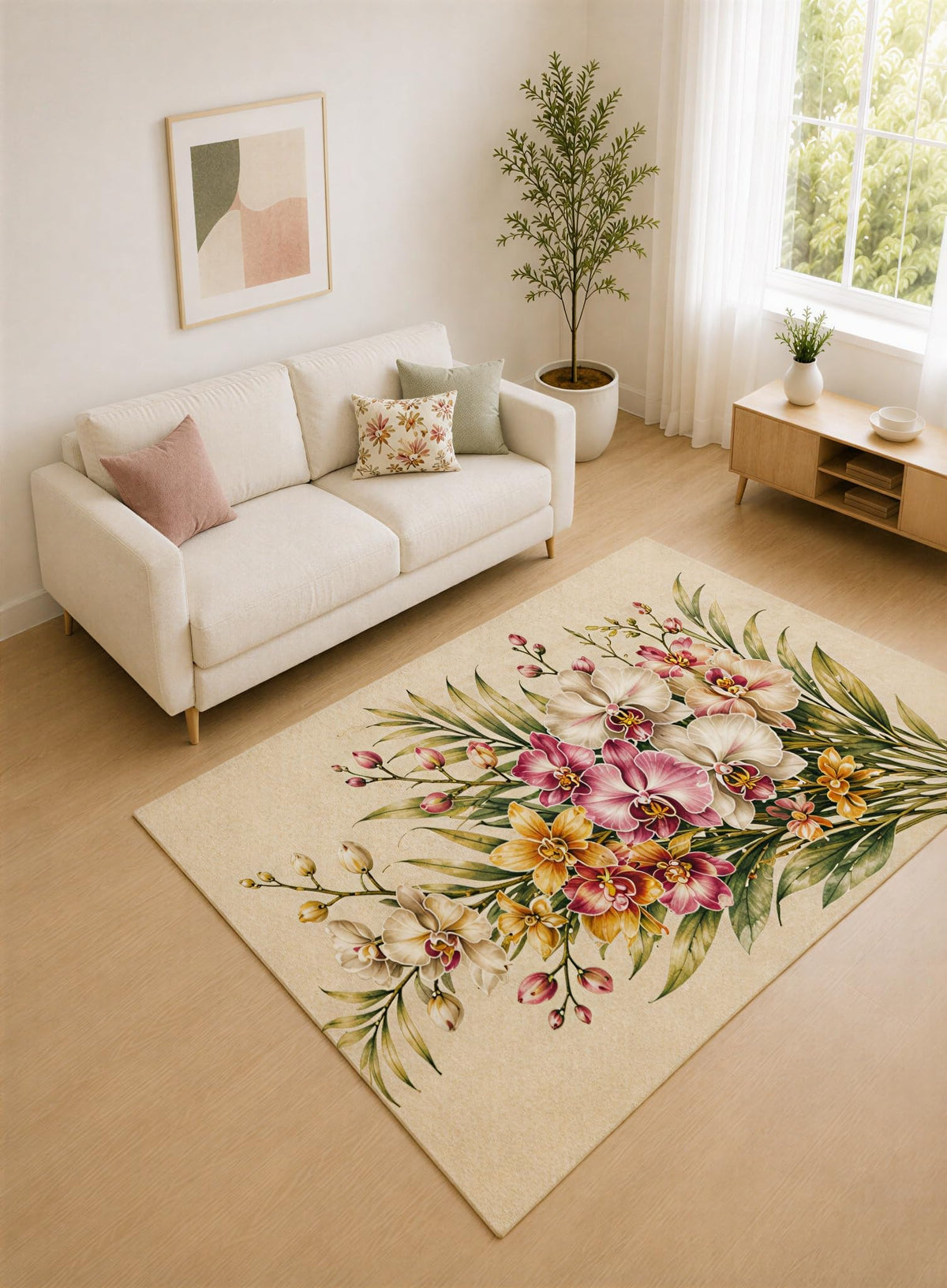 ICE ARMOR "Ultra Lightweight 5' x 7' Cream and Burgundy Tropical Orchid Bouquet Area Rug for Living Room, Bedroom and Home Office, Soft Low Pile Carpet with Non-Slip Silicone Backing