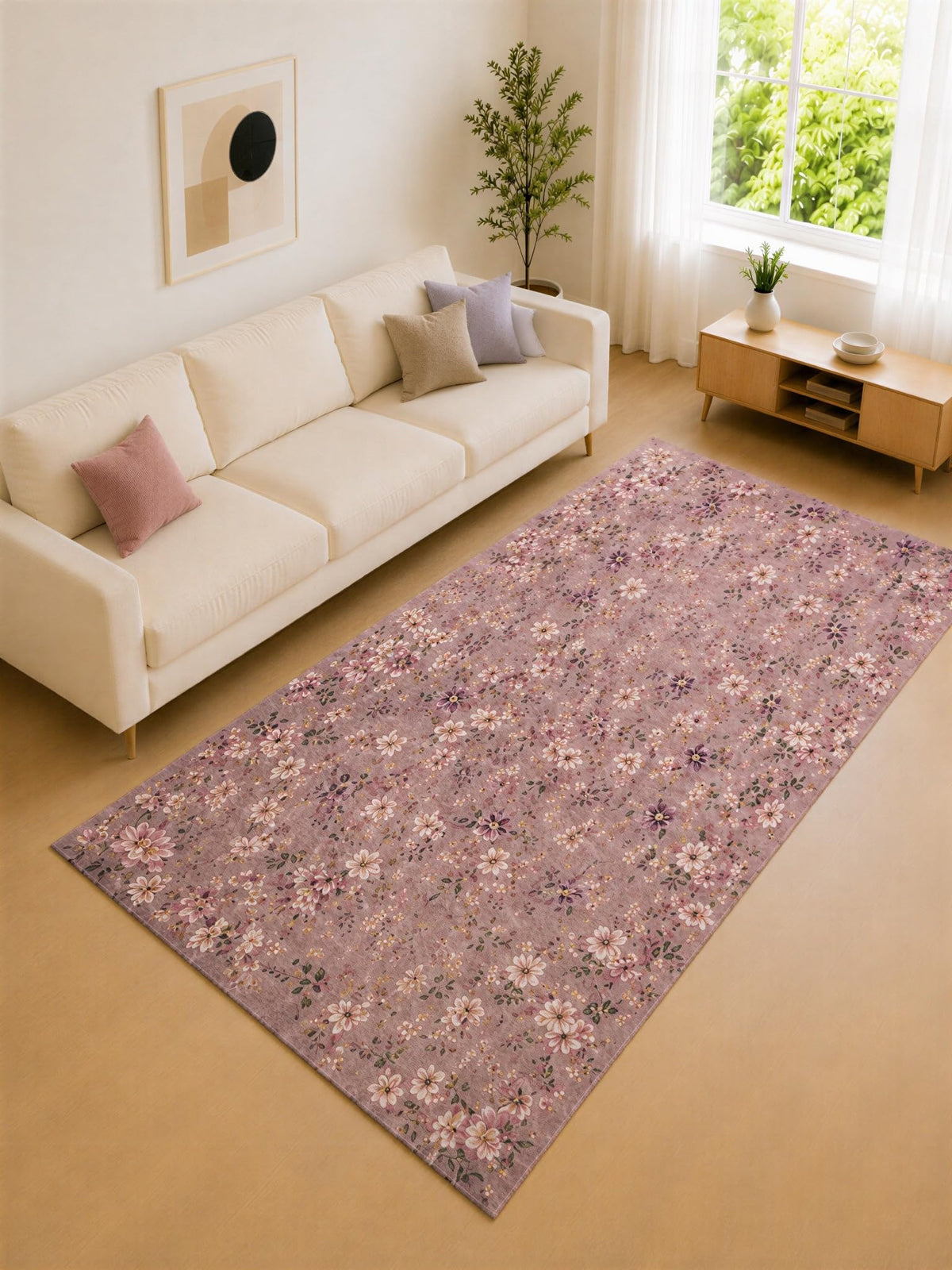 ICE ARMOR "Ultra Lightweight Large 6'7" x 9'10" Lavender and Pink Daisy Field Area Rug for Living Room, Bedroom and Home Office, Soft Low Pile Carpet with Non-Slip Silicone Backing
