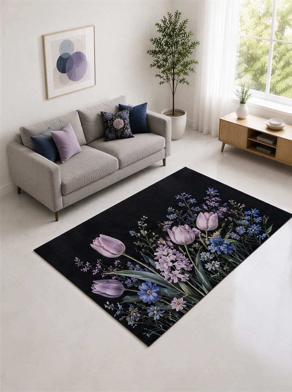 ICE ARMOR "Ultra Lightweight 5' x 7' Lavender and Blue Tulip Wildflower Garden Area Rug for Living Room, Bedroom and Home Office, Soft Low Pile Carpet with Non-Slip Silicone Backing