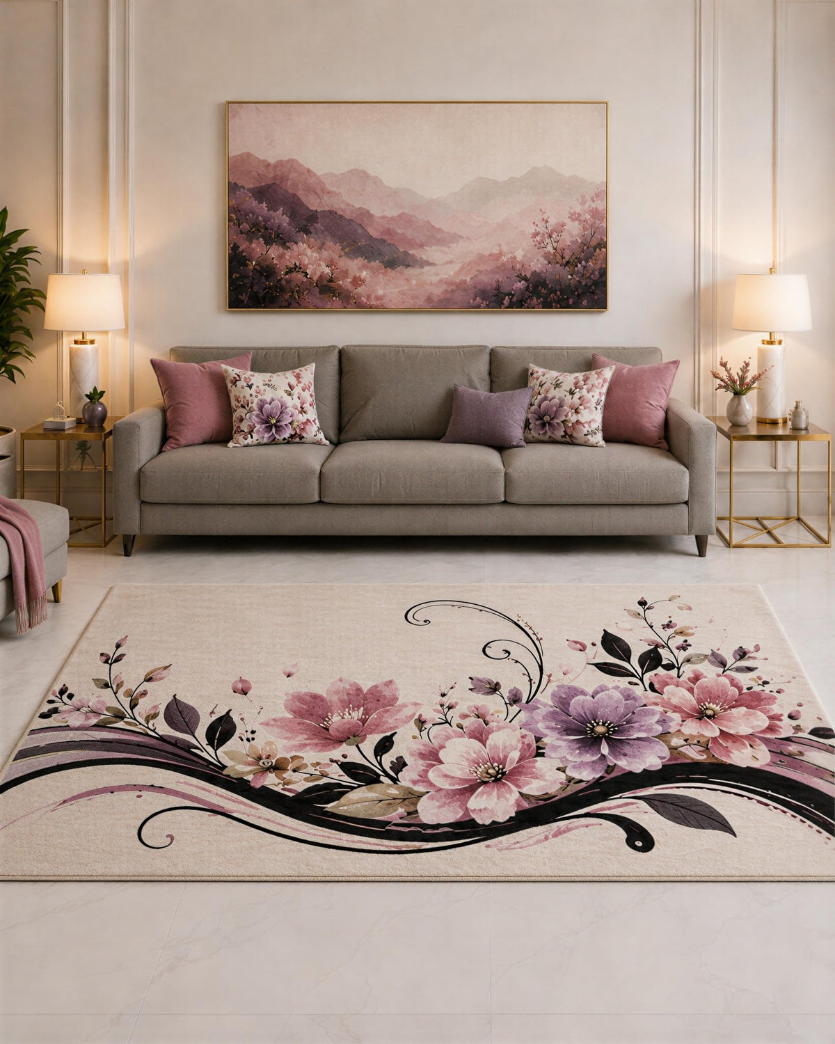 ICE ARMOR "Ultra Lightweight Large 6'7" x 9'10" Pink and Lavender Floral Vine Wave Area Rug for Living Room, Bedroom and Home Office, Soft Low Pile Carpet with Non-Slip Silicone Backing