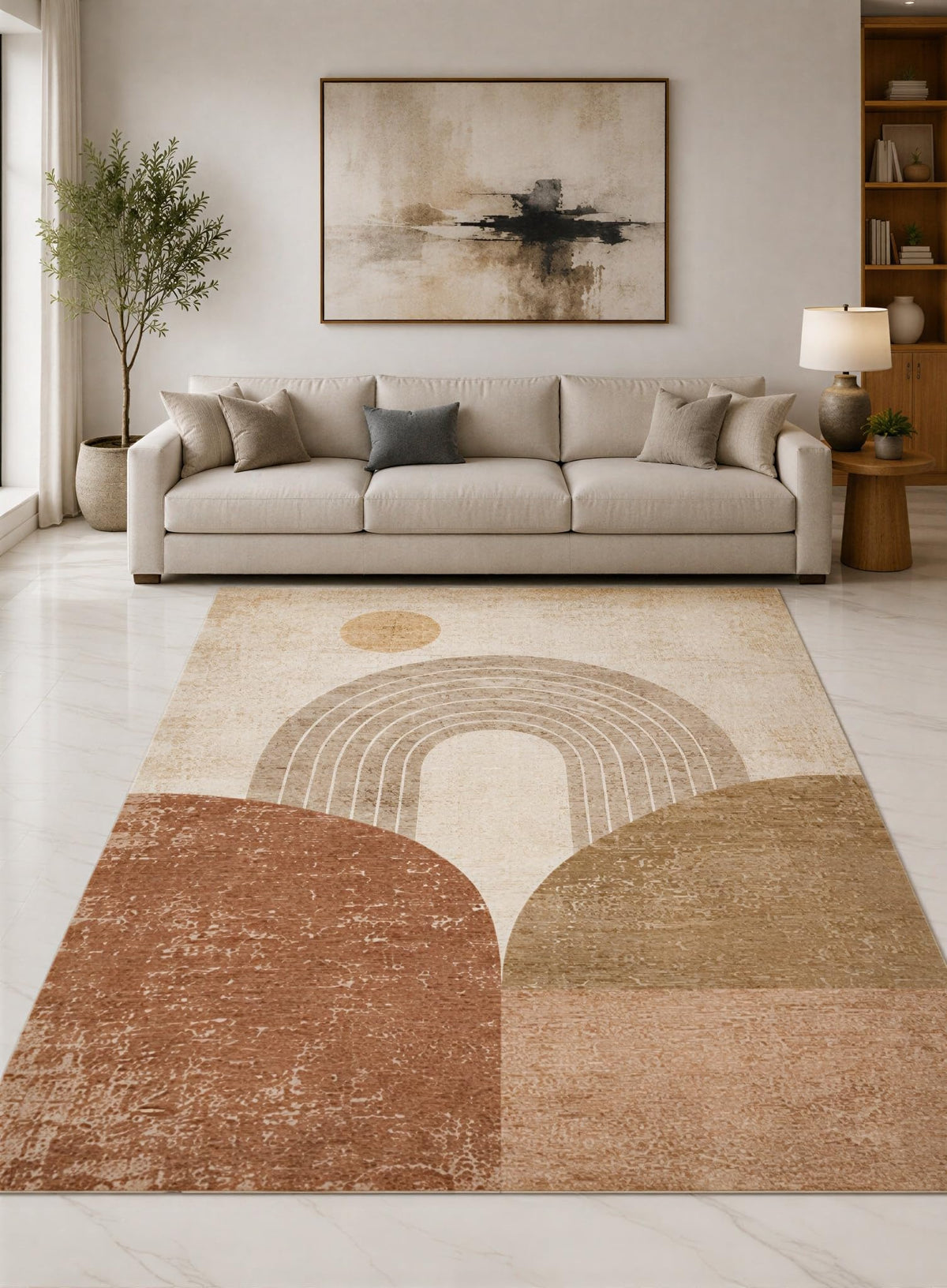 ICE ARMOR "Ultra Lightweight Large 6'7" x 9'10" Rust and Beige Boho Rainbow Arch Area Rug for Living Room, Bedroom and Home Office, Soft Low Pile Carpet with Non-Slip Silicone Backing