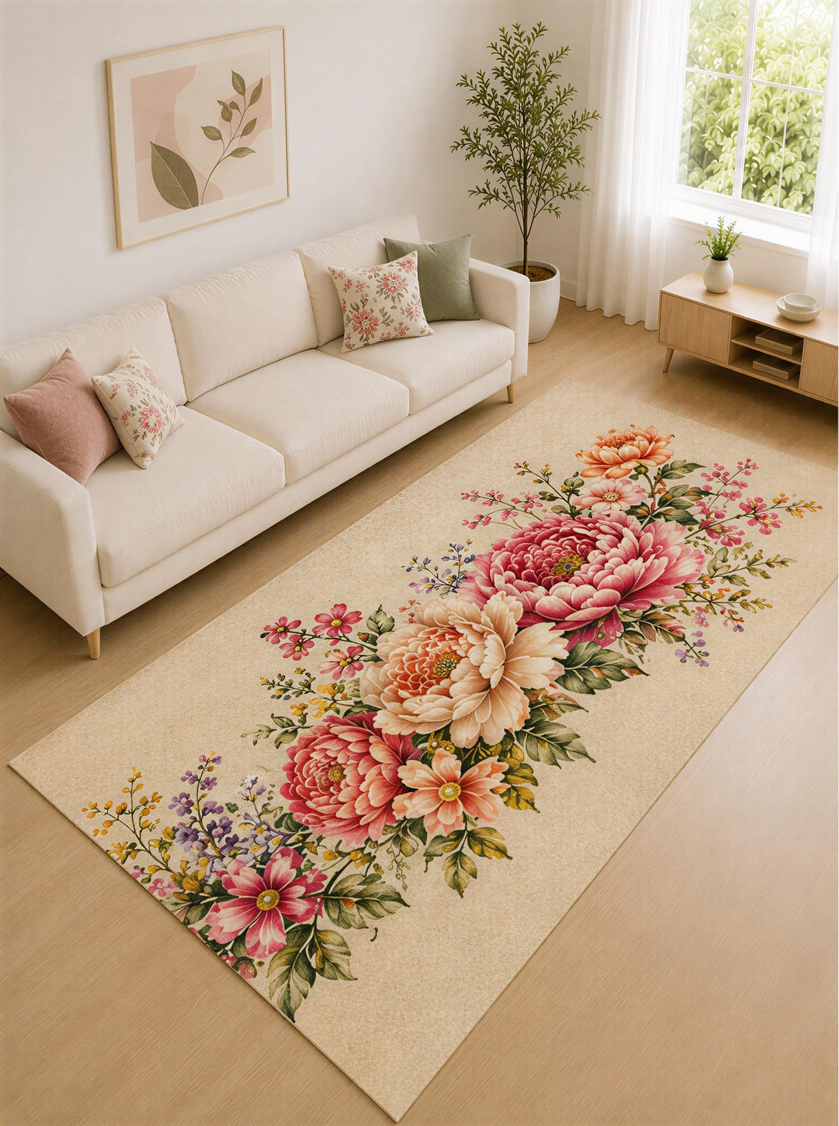 ICE ARMOR "Ultra Lightweight Large 6'7" x 9'10" Beige and Pink Peony Trail Area Rug for Living Room, Bedroom and Home Office, Soft Low Pile Carpet with Non-Slip Silicone Backing