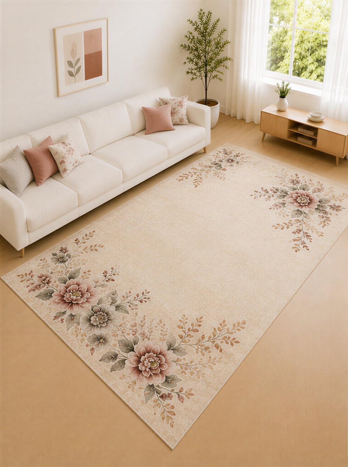 ICE ARMOR "Ultra Lightweight Large 6'7" x 9'10" Beige and Rose Elegant Corner Bloom Area Rug for Living Room, Bedroom and Home Office, Soft Low Pile Carpet with Non-Slip Silicone Backing