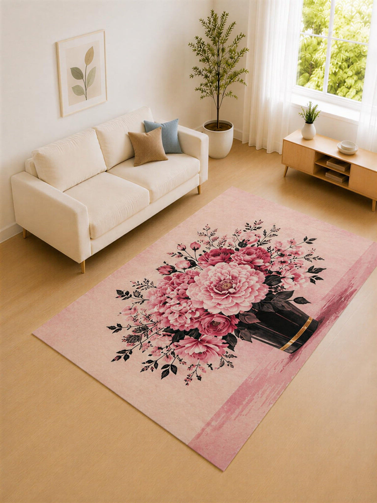 ICE ARMOR "Ultra Lightweight 5' x 7' Pink and Black Bouquet Vase Area Rug for Living Room, Bedroom and Home Office, Soft Low Pile Carpet with Non-Slip Silicone Backing