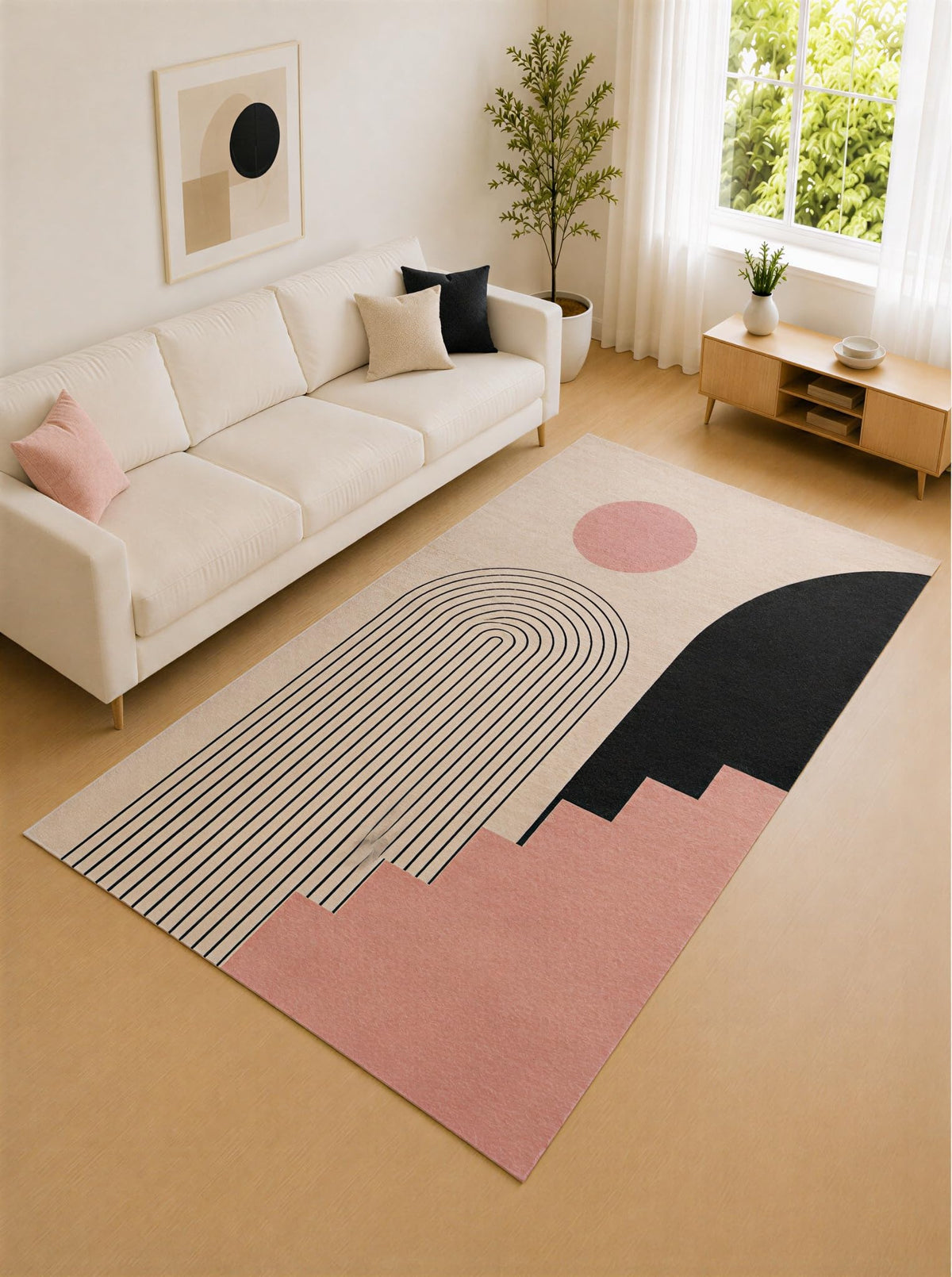 ICE ARMOR "Ultra Lightweight Large 6'7" x 9'10" Pink and Black Linear Arch Area Rug for Living Room, Bedroom and Home Office, Soft Low Pile Carpet with Non-Slip Silicone Backing