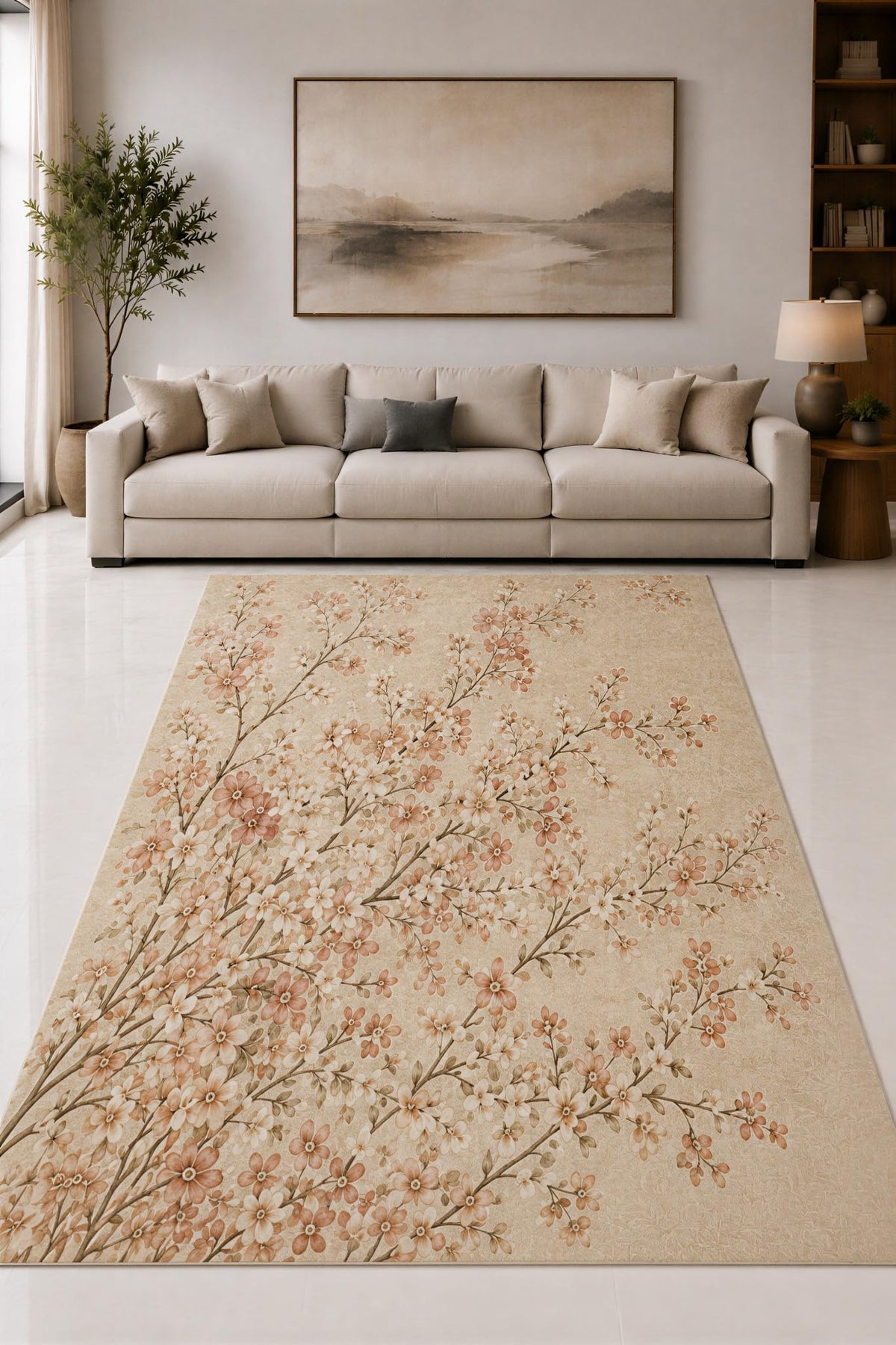ICE ARMOR "Ultra Lightweight Large 6'7" x 9'10" Beige and Peach Branch Garden Area Rug for Living Room, Bedroom and Home Office, Soft Low Pile Carpet with Non-Slip Silicone Backing