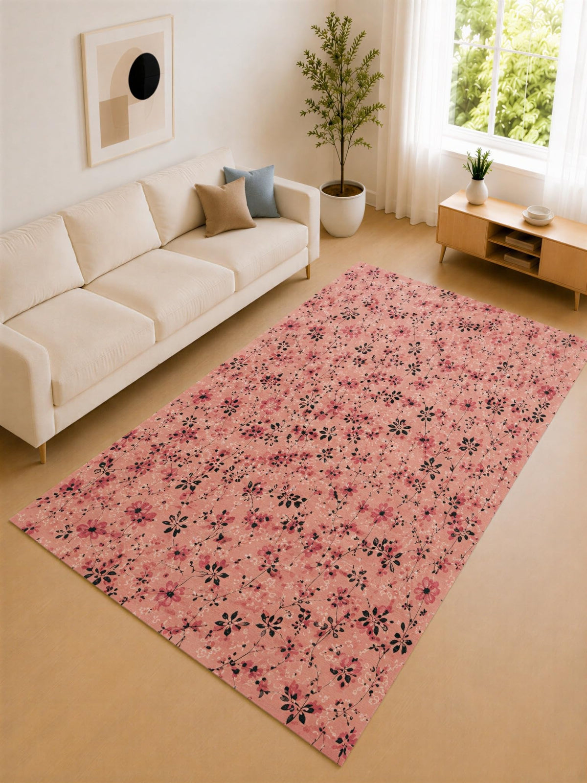 ICE ARMOR "Ultra Lightweight Large 6'7" x 9'10" Coral Pink and Black Meadow Bloom Area Rug for Living Room, Bedroom and Home Office, Soft Low Pile Carpet with Non-Slip Silicone Backing