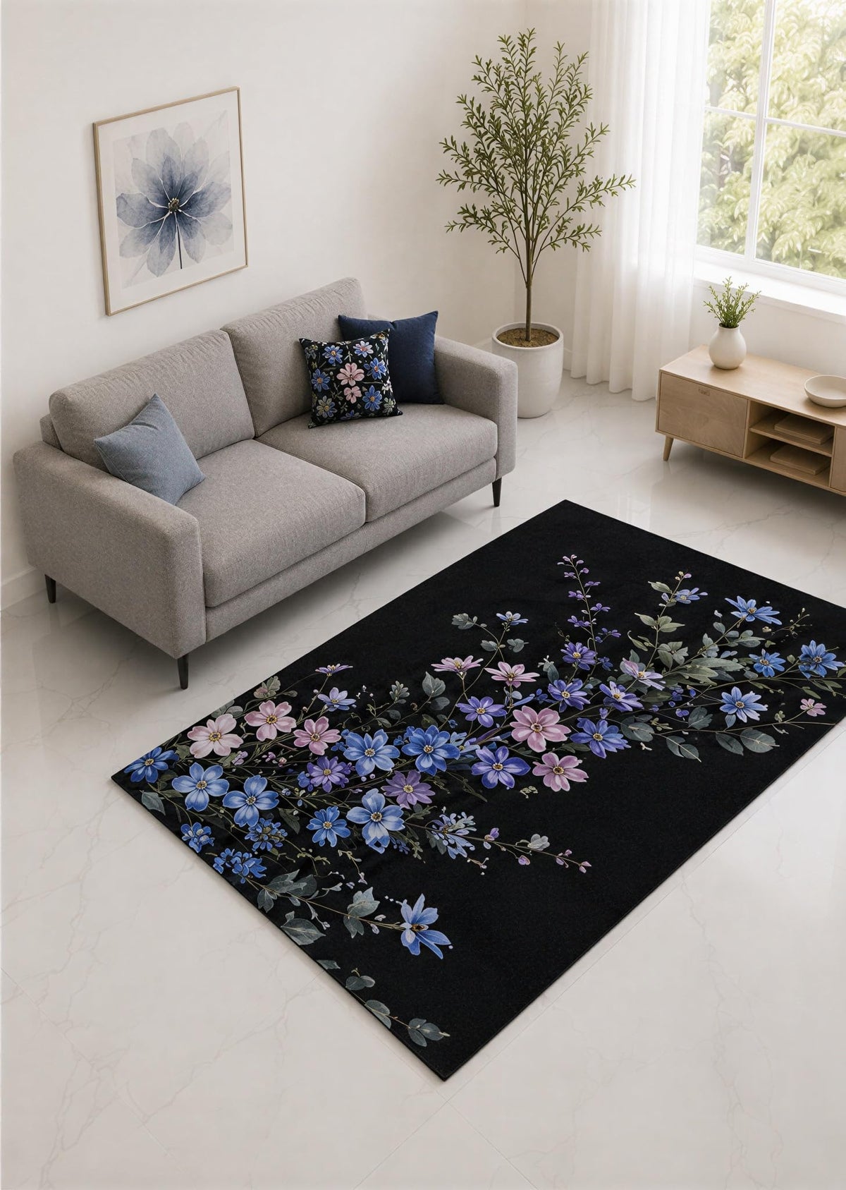ICE ARMOR "Ultra Lightweight 5' x 7' Blue and Lilac Botanical Flower Trail Area Rug for Living Room, Bedroom and Home Office, Soft Low Pile Carpet with Non-Slip Silicone Backing