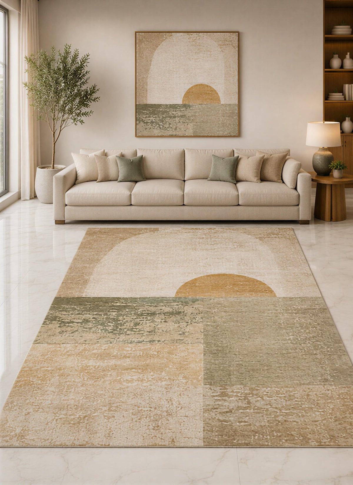 ICE ARMOR "Ultra Lightweight Large 6'7" x 9'10" Sand and Olive Sunset Mosaic Area Rug for Living Room, Bedroom and Home Office, Soft Low Pile Carpet with Non-Slip Silicone Backing