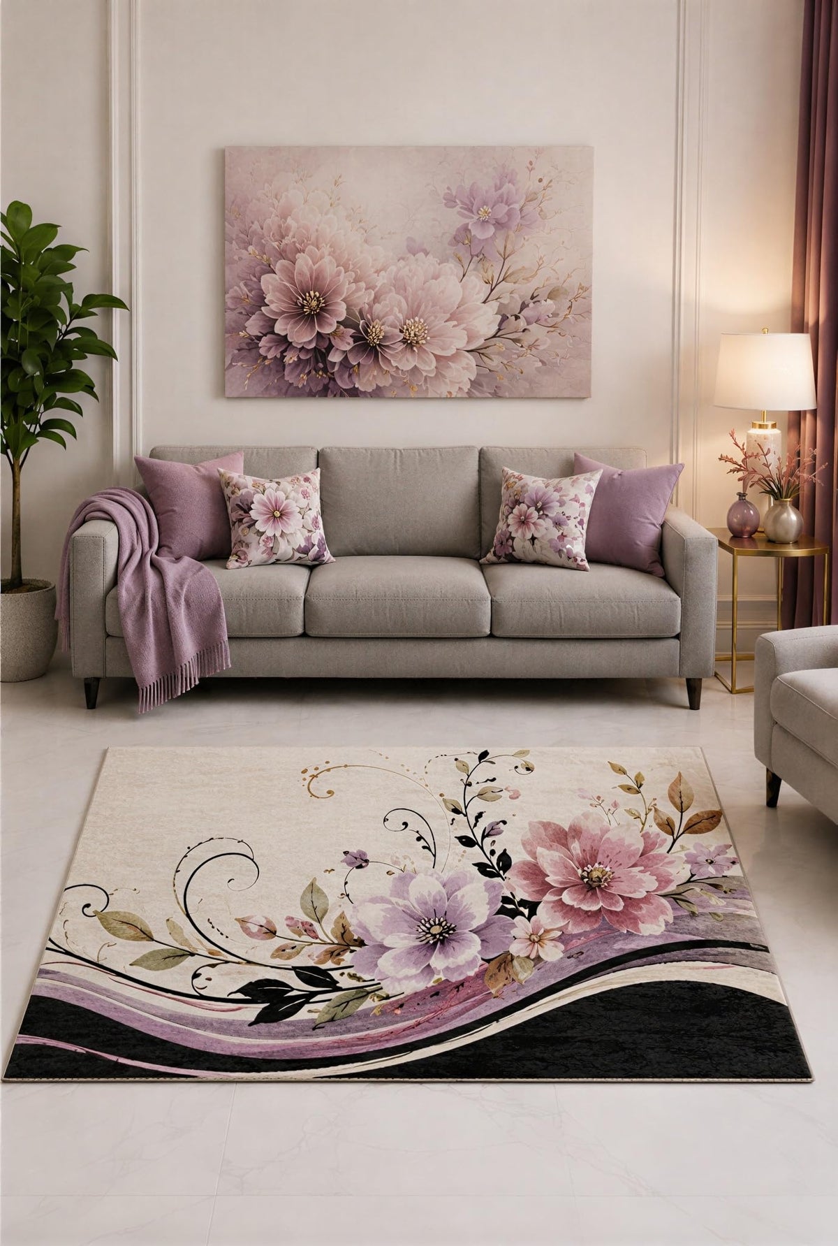 ICE ARMOR "Ultra Lightweight 5' x 7' Lavender and Blush Flower Crest Wave Area Rug for Living Room, Bedroom and Home Office, Soft Low Pile Carpet with Non-Slip Silicone Backing