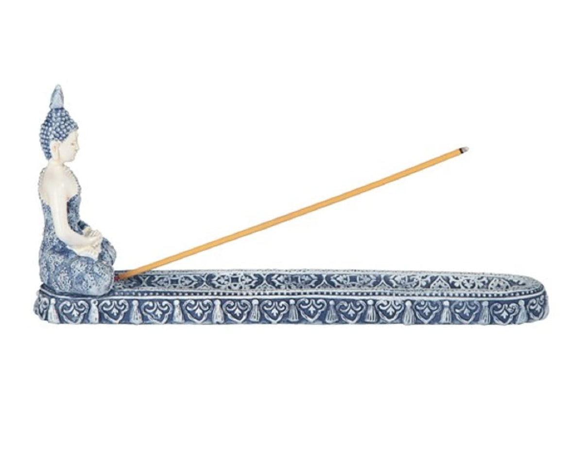 ICE ARMOR 10.25" W Gautama Buddha Dhyana Mudra Incense Burner Incense Sticks Holder in Blue and White Finish
