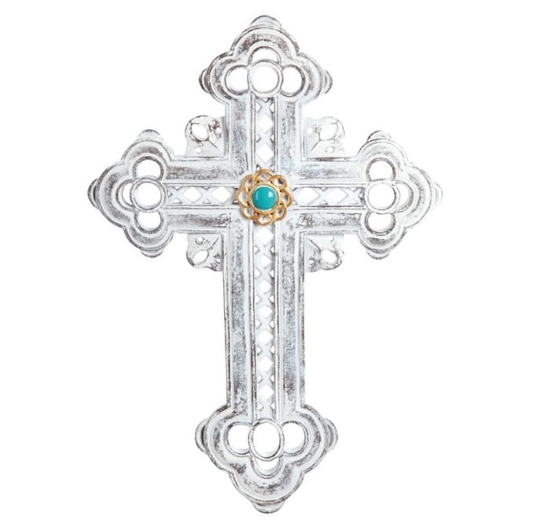 ICE ARMOR 13.5"H Silver Cross Wall Plaque with Turquoise Stone Holy Religious Decoration