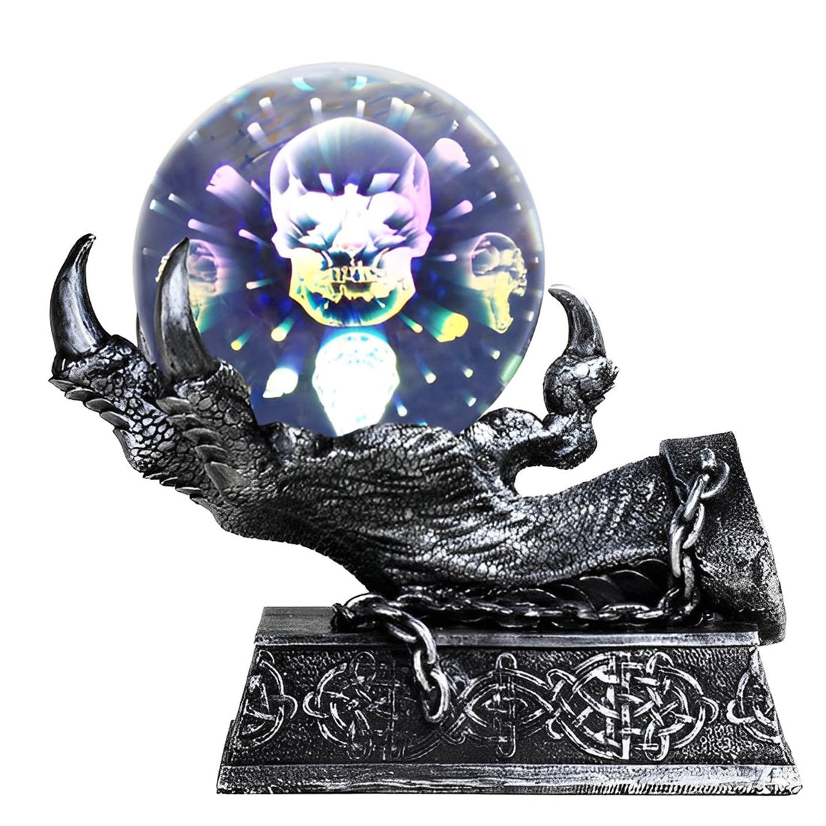 ICE ARMOR 7" H Silver Dragon Claw Holding Glass Globe with LED Light Statue Fantasy Night Light Decoration Figurine