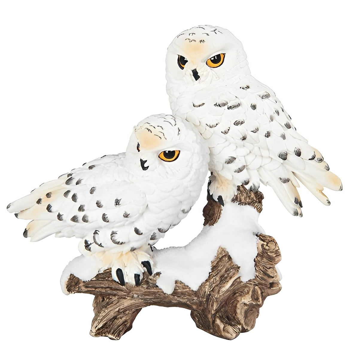 ICE ARMOR 6" W Snowy Owl Couple Standing on Tree Trunk Statue Wild Animal Decoration Figurine