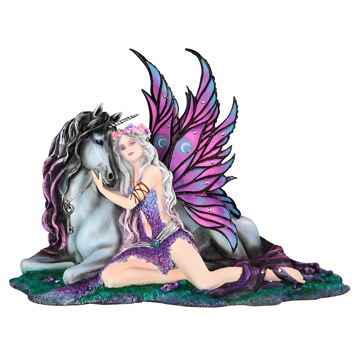 ICE ARMOR 14.5" W Purple Fairy with Gray Unicorn Statue Fantasy Decoration Figurine