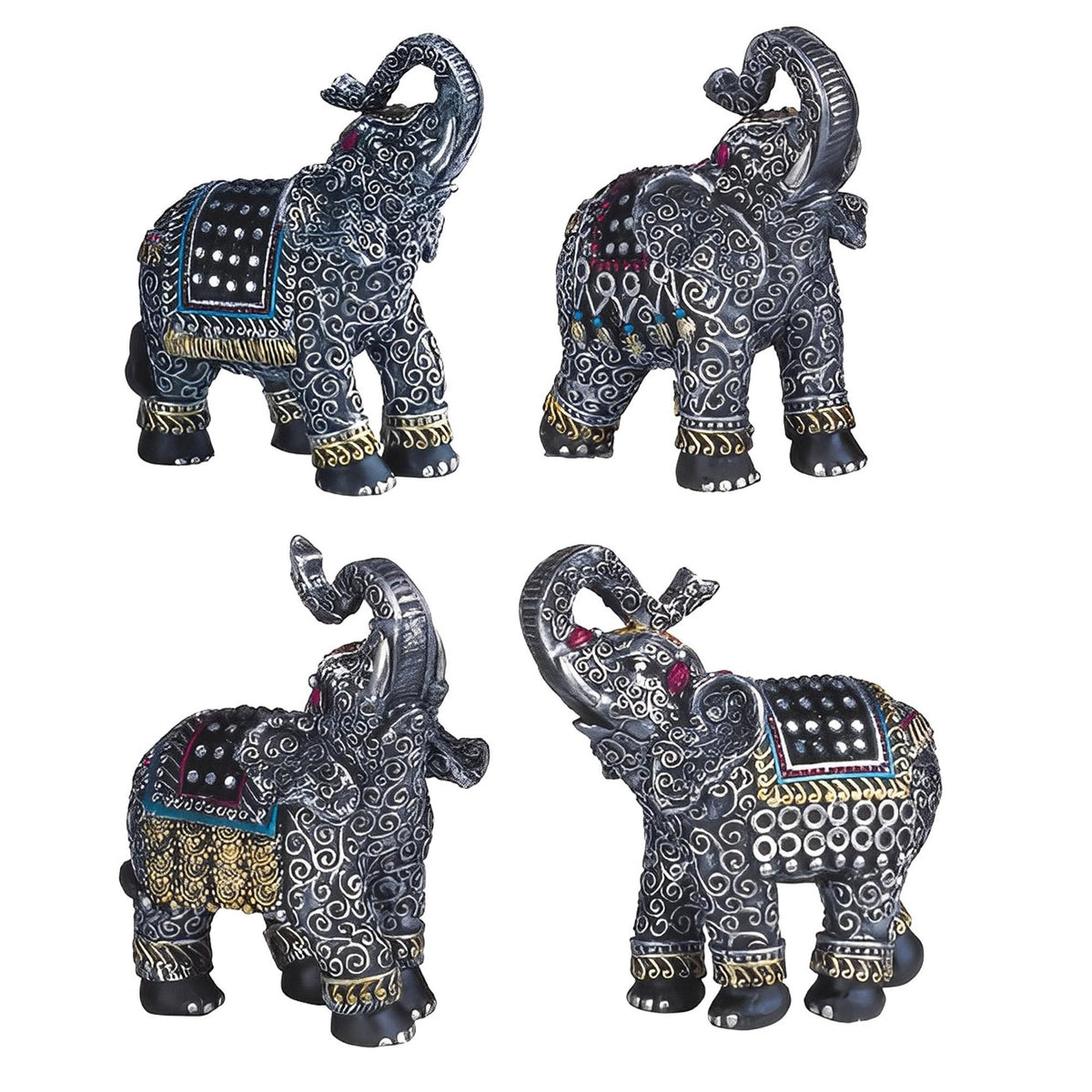 ICE ARMOR 4-PC 4" H Silver Mini Trunk Up Elephant Set Statue Fantasy Decoration Figurine