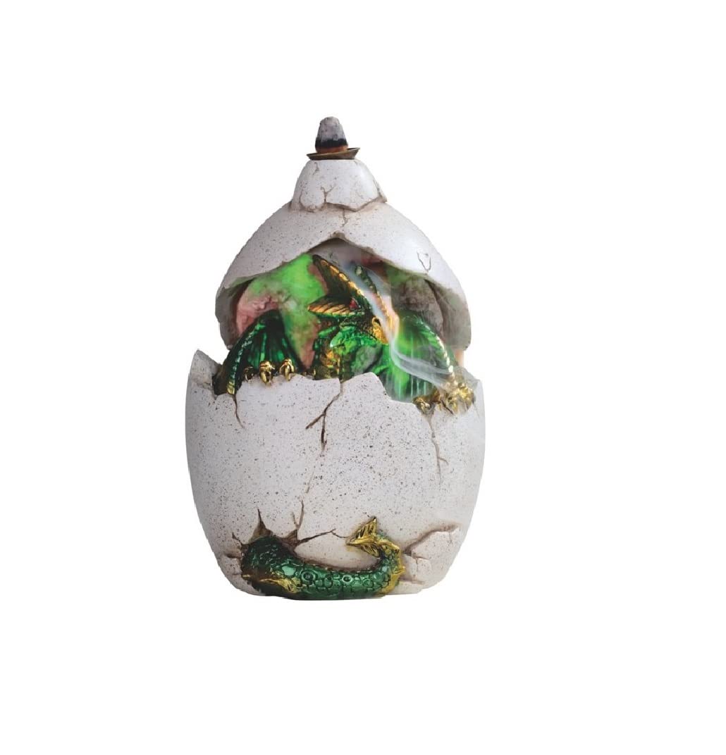 ICE ARMOR 6.5" H Green Dragon in Egg Backflow Incense Burner with LED Light