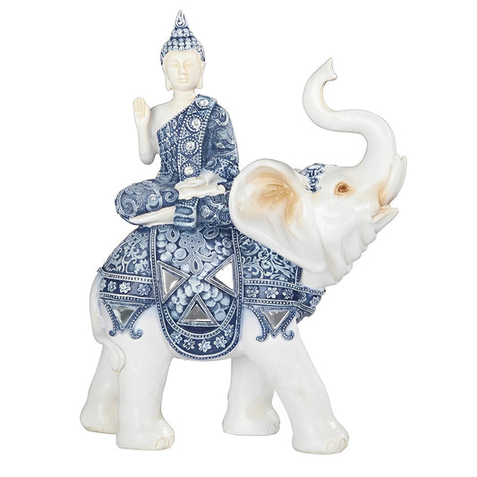 ICE ARMOR 9" H Blue and White Thai Buddha Sitting on Elephant Statue Feng Shui Decoration Religious Figurine