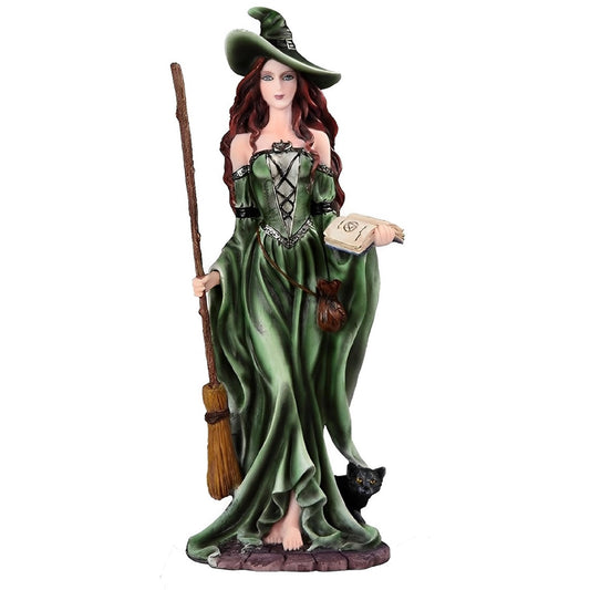 ICE ARMOR 10.75" H Green Witch with Broom and Black Cat Statue Fantasy Decoration Figurine