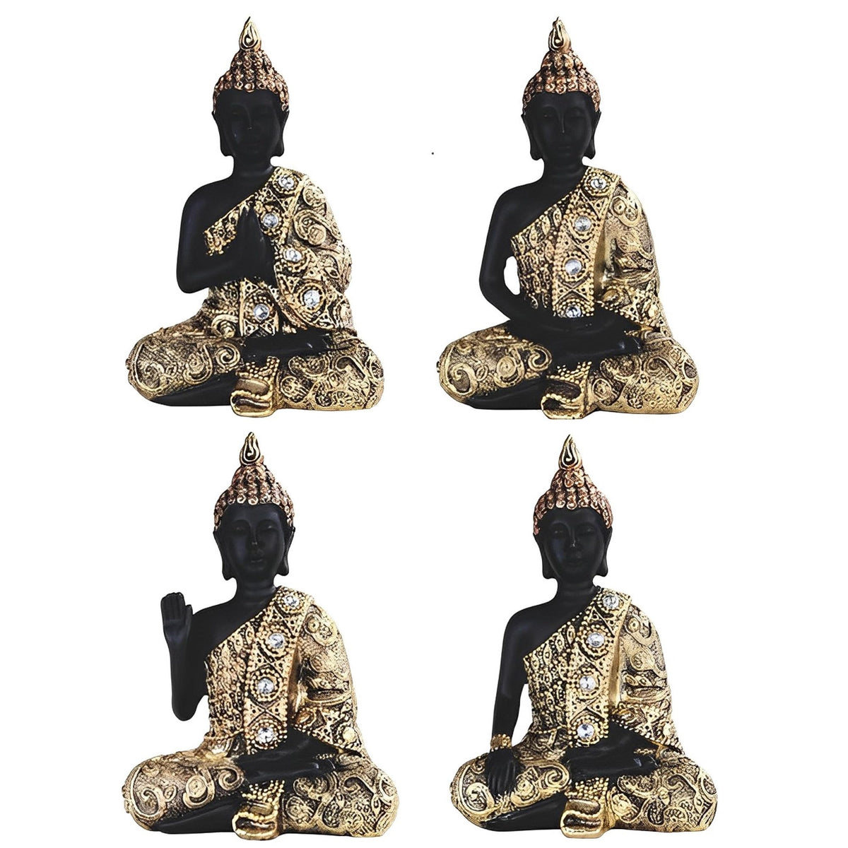 ICE ARMOR 4-PC Gold and Black Miniature Praying Buddha in Different Poses 4.75" H Feng Shui Statue Decoration Figurine Set