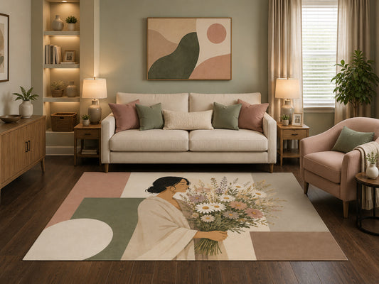 "Ultra Thin" 5'x7' Boho Floral Woman Area Rug, Minimalist Botanical Portrait Decor