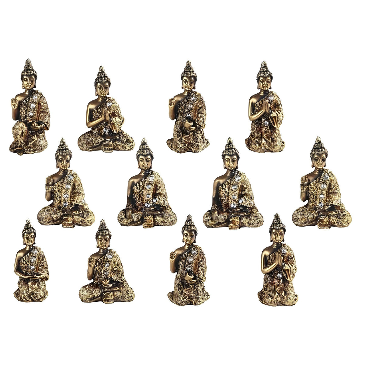 ICE ARMOR 12-PC Miniature Bronze Thai Buddha in Different Poses 3.5" H Feng Shui Statue Decoration Figurine Set