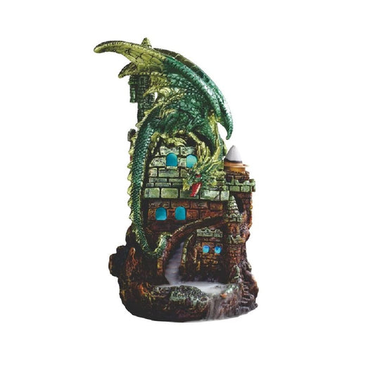 ICE ARMOR 7.5" H Green Dragon on Castle Backflow Incense Burner with LED Light, Dragon Figurine Incense Holder