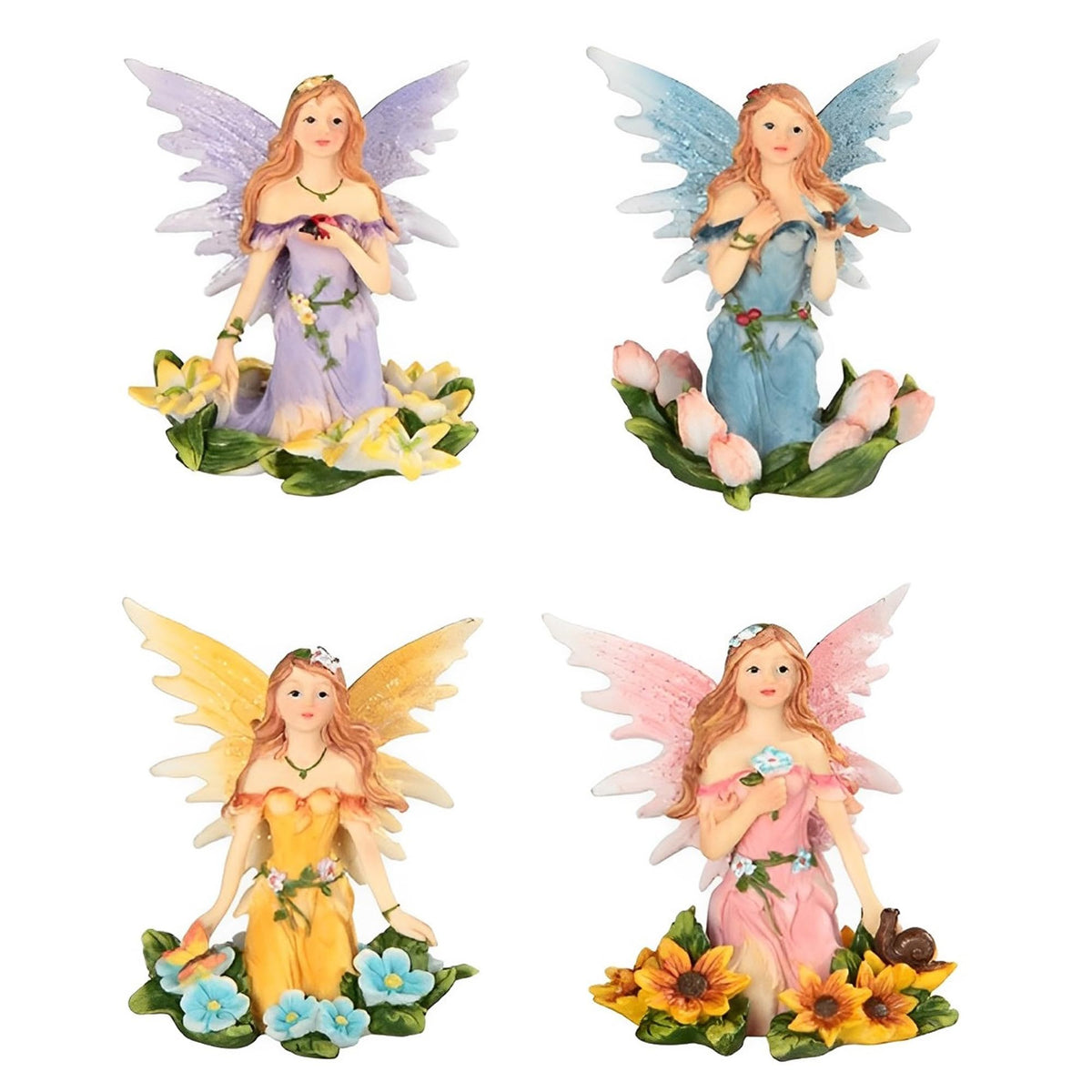 ICE ARMOR 4-PC Fairy Sitting on Flower Bed 4" H Fantasy Decoration Figurine Set