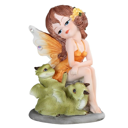 ICE ARMOR 4.75" H Orange Fairy with Two Cute Dragons Statue Fantasy Decoration Figurine