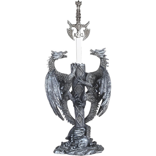 ICE ARMOR 11" H Two Medieval Silver Dragons with Sword Guardian Statue Fantasy Decoration Figurine