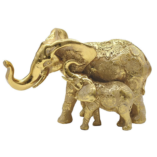 ICE ARMOR 7.5" W Gold Thai Elephant with Baby Statue Feng Shui Decoration Religious Figurine