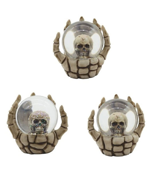ICE ARMOR 3-PC Skeleton Hand Holding Skull Snow Globe 3.75" W Statue Fantasy Decoration Figurine