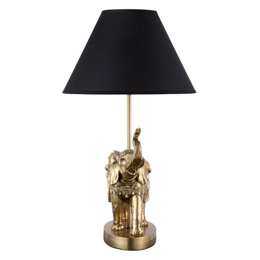 ICE ARMOR 18.5" Detailed Craftsmanship Golden Elephant Table Lamp - Bedside Light with Fabric Shade, Exotic Decor & Cultural Ambiance